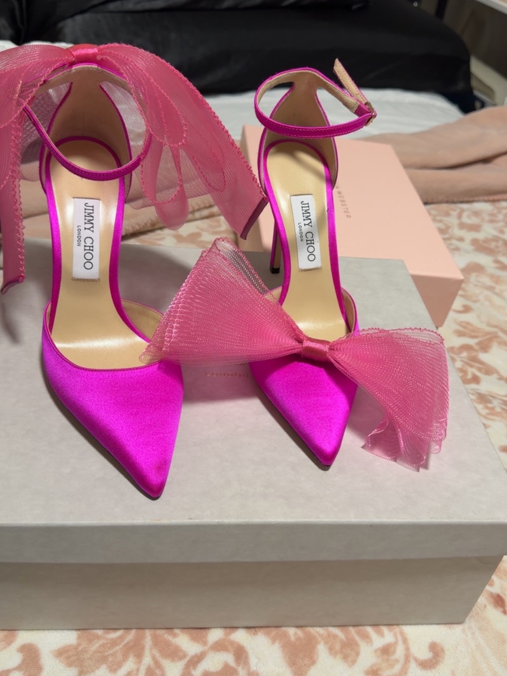 Waverly Hot Pink Satin Pointed-Toe Ankle-Strap Heels with Tulle Bows